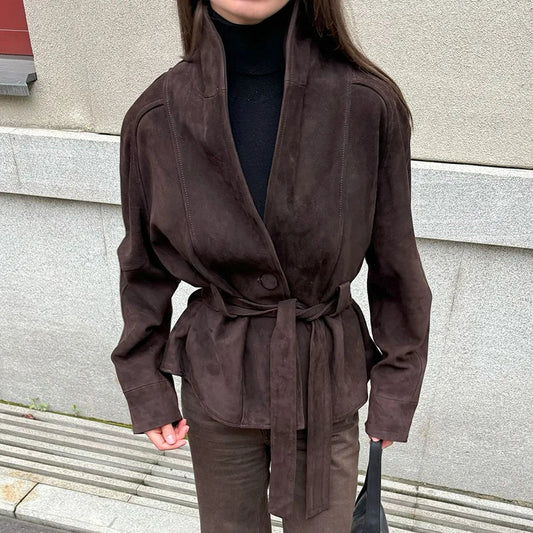 SEAME - Evelyn - Women's Autumn Winter Jacket with Lace - Up Detail, Retro Suede Long Sleeves Dark Brown S