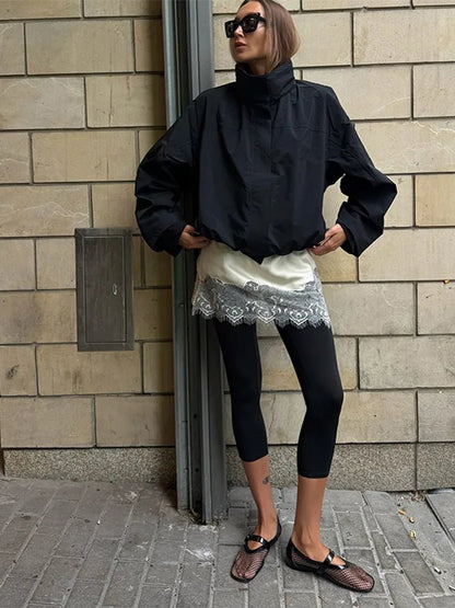 SEAME - Francesca Women's Jacket - Stylish Windbreaker Cropped Bomber with Stand Collar Black M