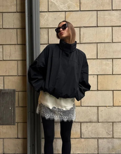 SEAME - Francesca Women's Jacket - Stylish Windbreaker Cropped Bomber with Stand Collar Black S