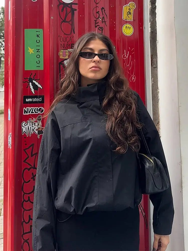 SEAME - Francesca Women's Jacket - Stylish Windbreaker Cropped Bomber with Stand Collar Black M