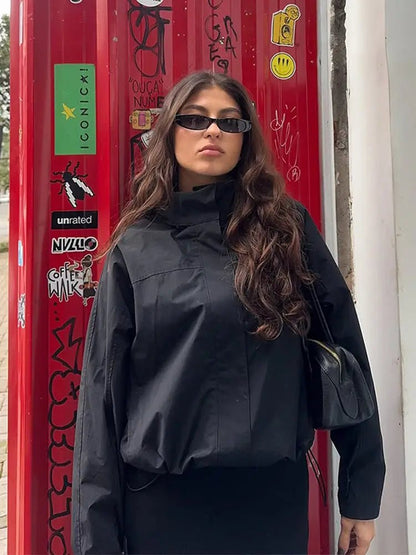 SEAME - Francesca Women's Jacket - Stylish Windbreaker Cropped Bomber with Stand Collar Black M