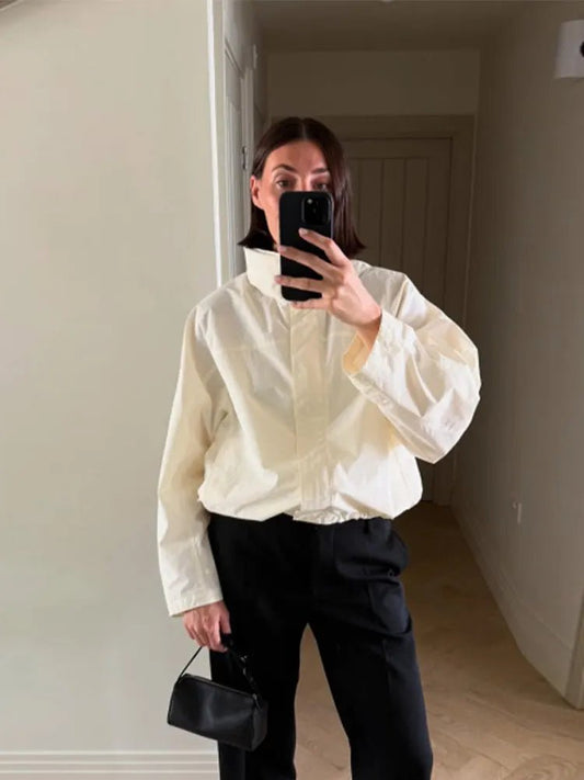 SEAME - Francesca Women's Jacket - Stylish Windbreaker Cropped Bomber with Stand Collar White S