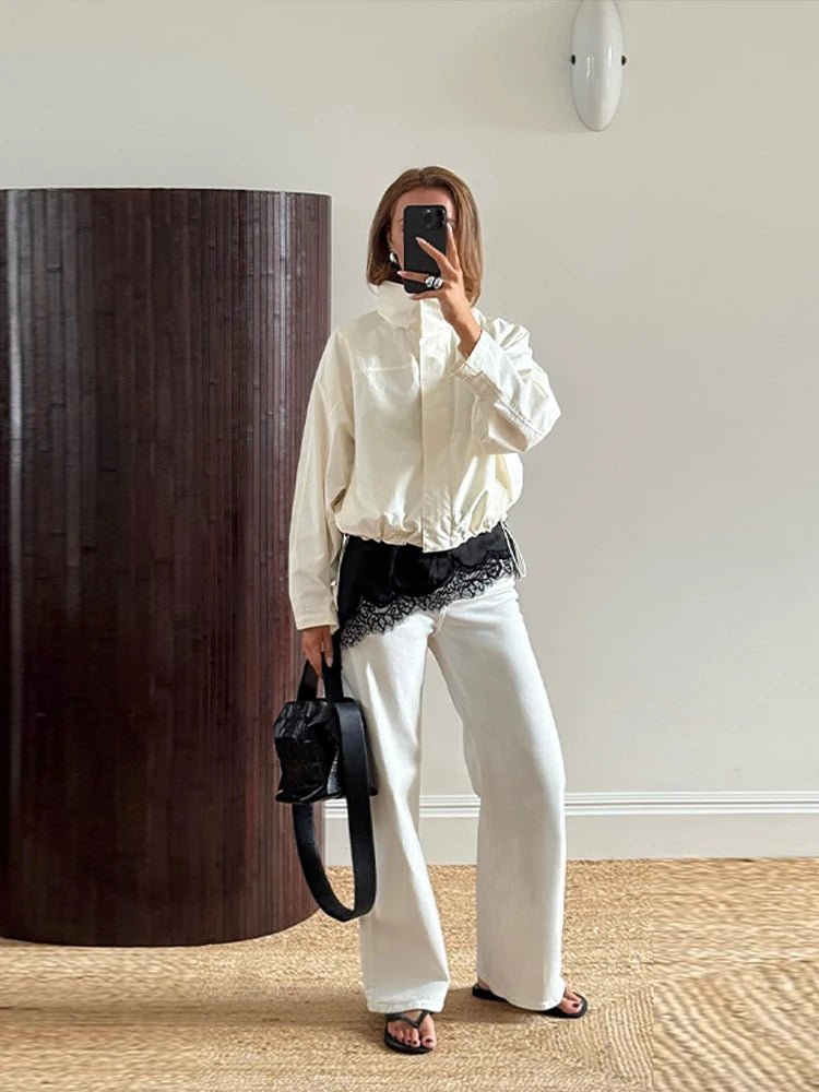 SEAME - Francesca Women's Jacket - Stylish Windbreaker Cropped Bomber with Stand Collar White S