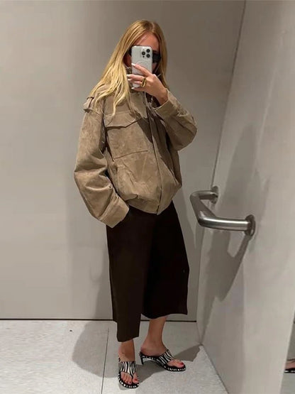 SEAME - Greta - Women's Autumn Winte Suede Moto Jacket with Zipper Pockets and Lapel Collar Beige XS