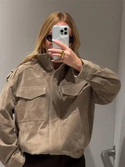 SEAME - Greta - Women's Autumn Winte Suede Moto Jacket with Zipper Pockets and Lapel Collar Beige S