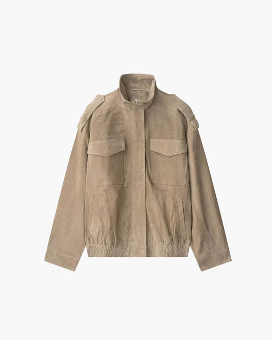 SEAME - Greta - Women's Autumn Winte Suede Moto Jacket with Zipper Pockets and Lapel Collar Beige XS