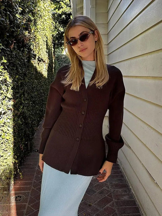 SEAME - Hazel Waisted V - Neck Cardigan Chocolate S