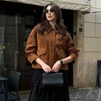 SEAME - Jen - Stylish Suede Bomber Jacket for Women with Zipper Closure Light Brown XS