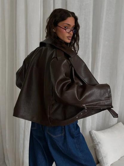 SEAME - Kyla Vegan Leather Jacket Dark Brown M