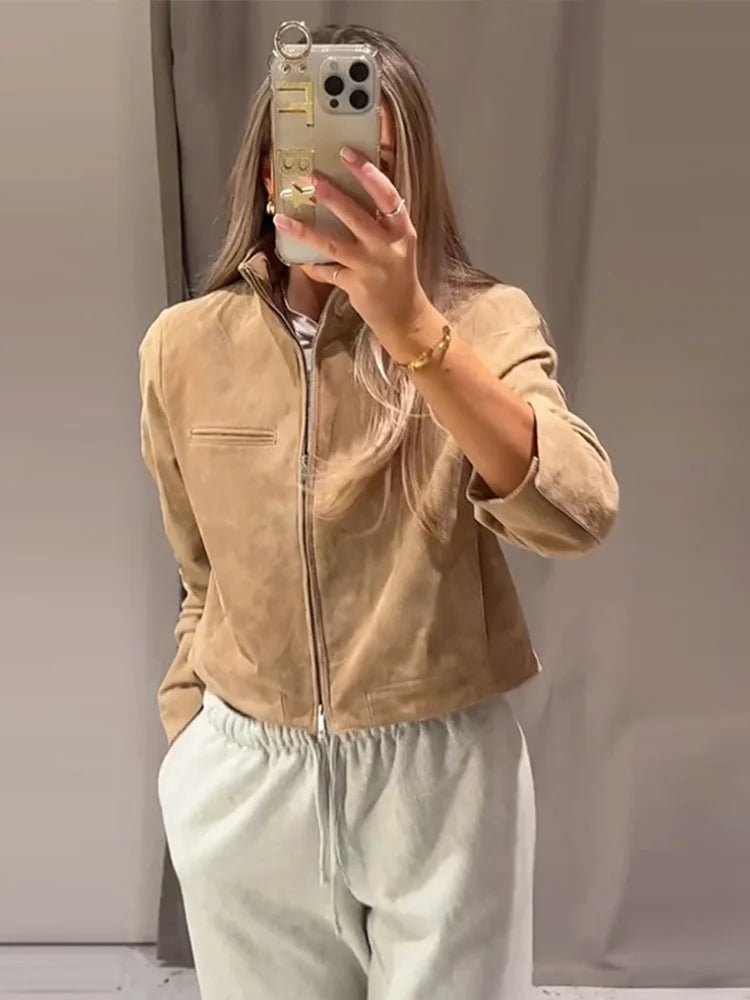 SEAME - Lyn - Women's Vintage Suede cropped Autumn Jacket with Stand Collar Beige L
