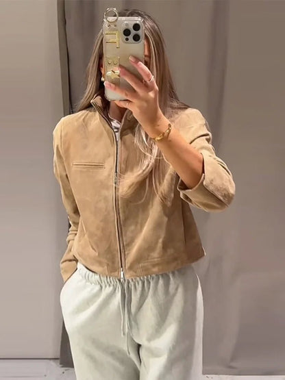 SEAME - Lyn - Women's Vintage Suede cropped Autumn Jacket with Stand Collar Beige L