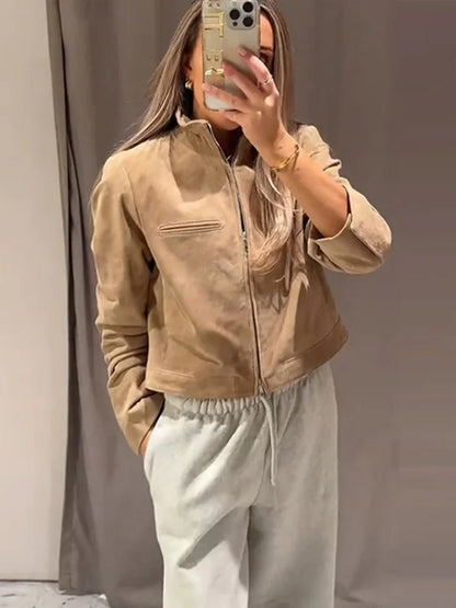 SEAME - Lyn - Women's Vintage Suede cropped Autumn Jacket with Stand Collar Beige M