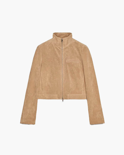 SEAME - Lyn - Women's Vintage Suede cropped Autumn Jacket with Stand Collar Beige S