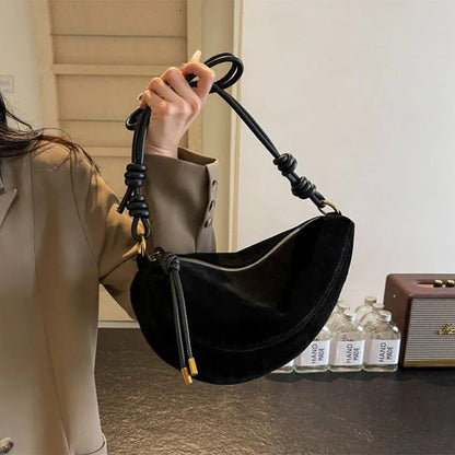 SEAME - Mary - Stylish Vegan Suede Shoulder Bag for Women, Trendy Crossbody Dumpling Design Black 30x8x15cm
