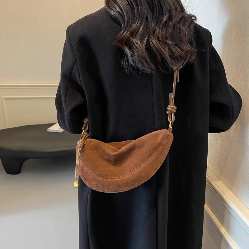 SEAME - Mary - Stylish Vegan Suede Shoulder Bag for Women, Trendy Crossbody Dumpling Design Brown 30x8x15cm