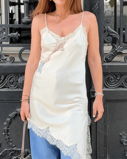 SEAME - Pia Asymmetric Satin Lace Cocktail Dress White XS