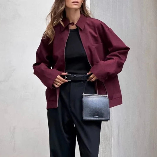 SEAME - Rhea - Burgundy Womens Bomber Jacket with Zipper Closure | Retro Fall Outerwear Burgundy Jacket XS