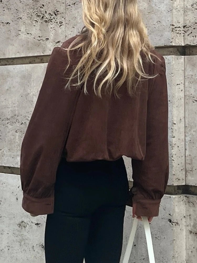 SEAME - Rita - Women's Jacket - Vintage Suede Leather with Padded Shoulders Dark Brown L