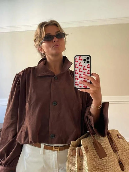 SEAME - Rita - Women's Jacket - Vintage Suede Leather with Padded Shoulders Dark Brown S