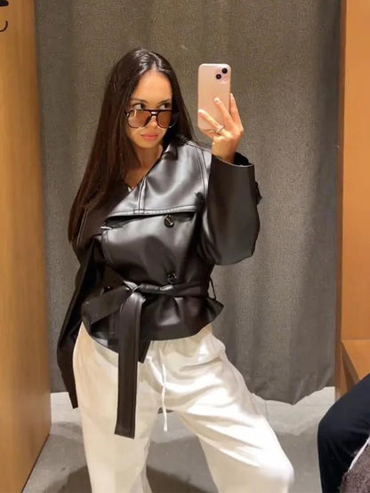 SEAME - Sandra - Women's Leather Jacket with Double Breasted Design & Fashion Belt Black XS