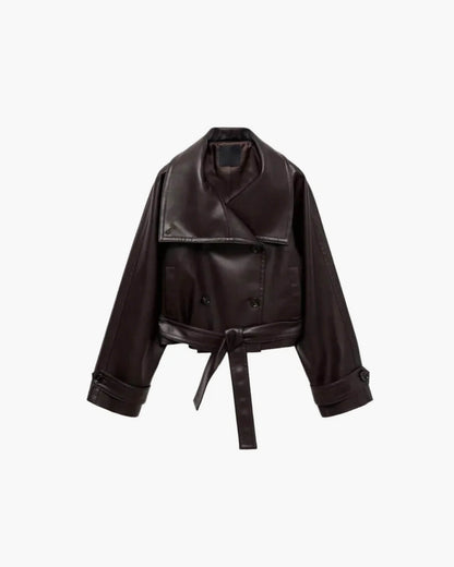 SEAME - Sandra - Women's Leather Jacket with Double Breasted Design & Fashion Belt Black XS