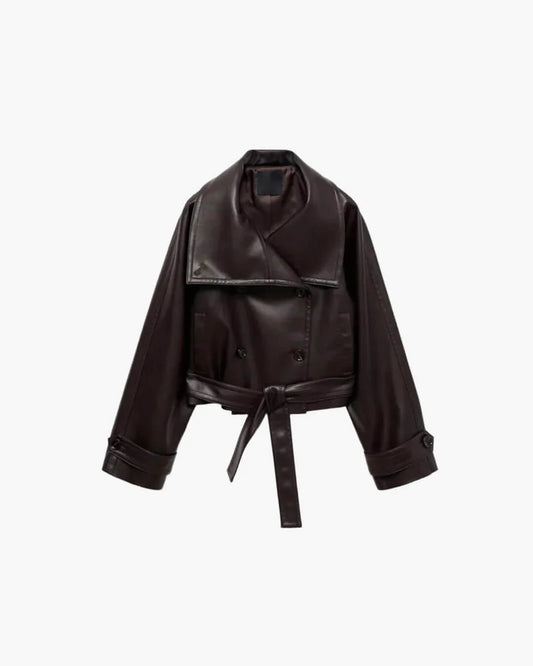 SEAME - Sandra - Women's Leather Jacket with Double Breasted Design & Fashion Belt Black XS