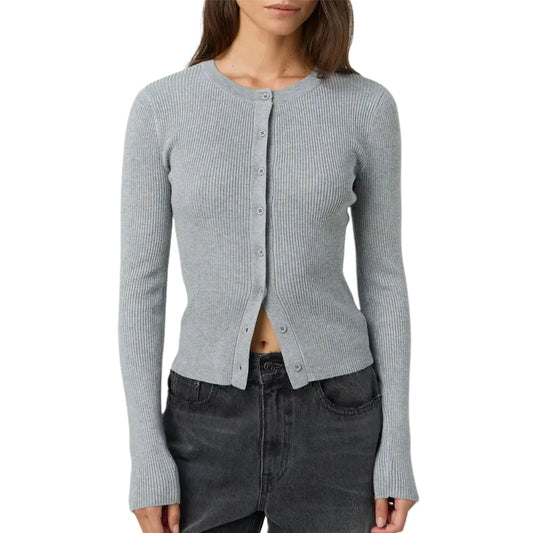 SEAME - Women's Cropped Cardigan Sweater - Long Sleeve Button - Up Design Light Grey S